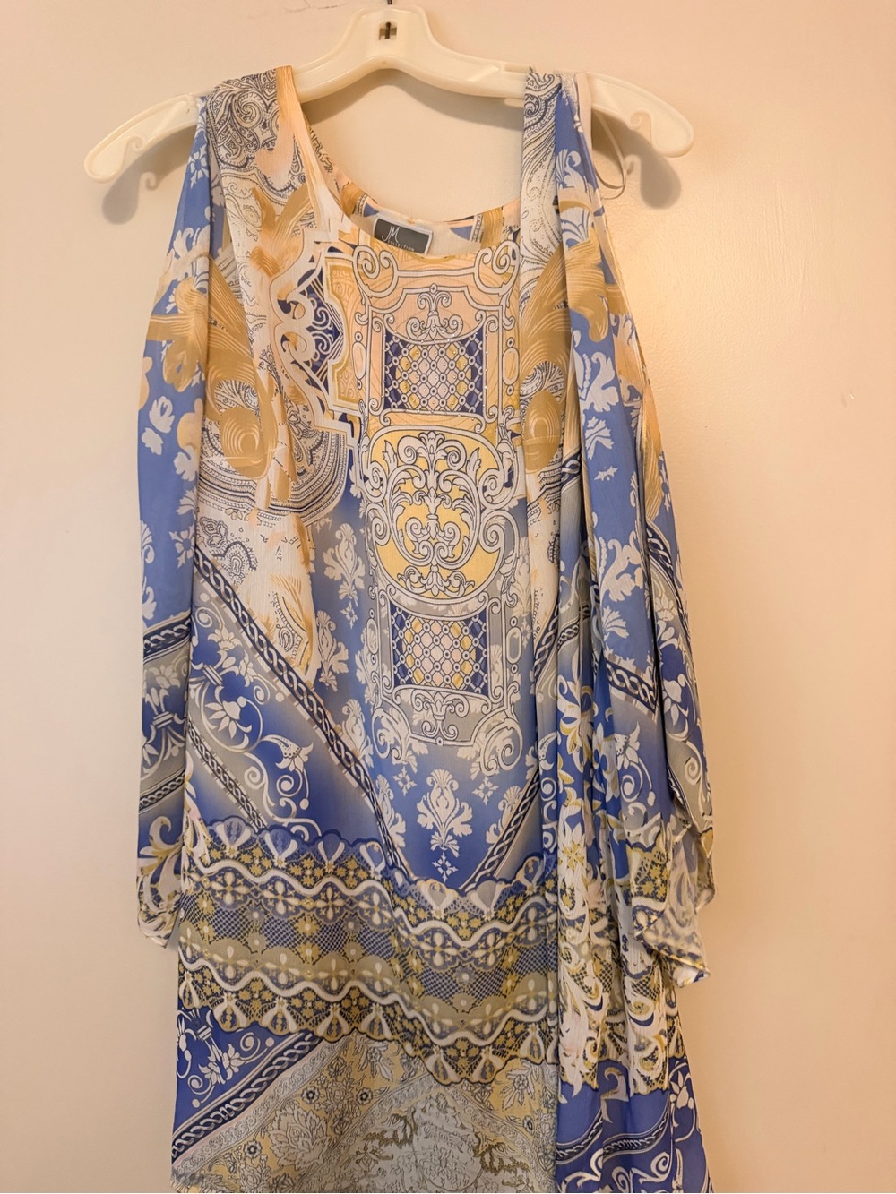 JM Collection Women's Long Gold Printed Cold-Shoulder Blouse w/Jewel Accents